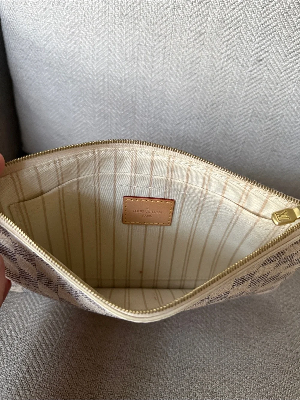Louis Vuitton Damier Azur Zip Pouch in White and Light Gray with Tan Strap
